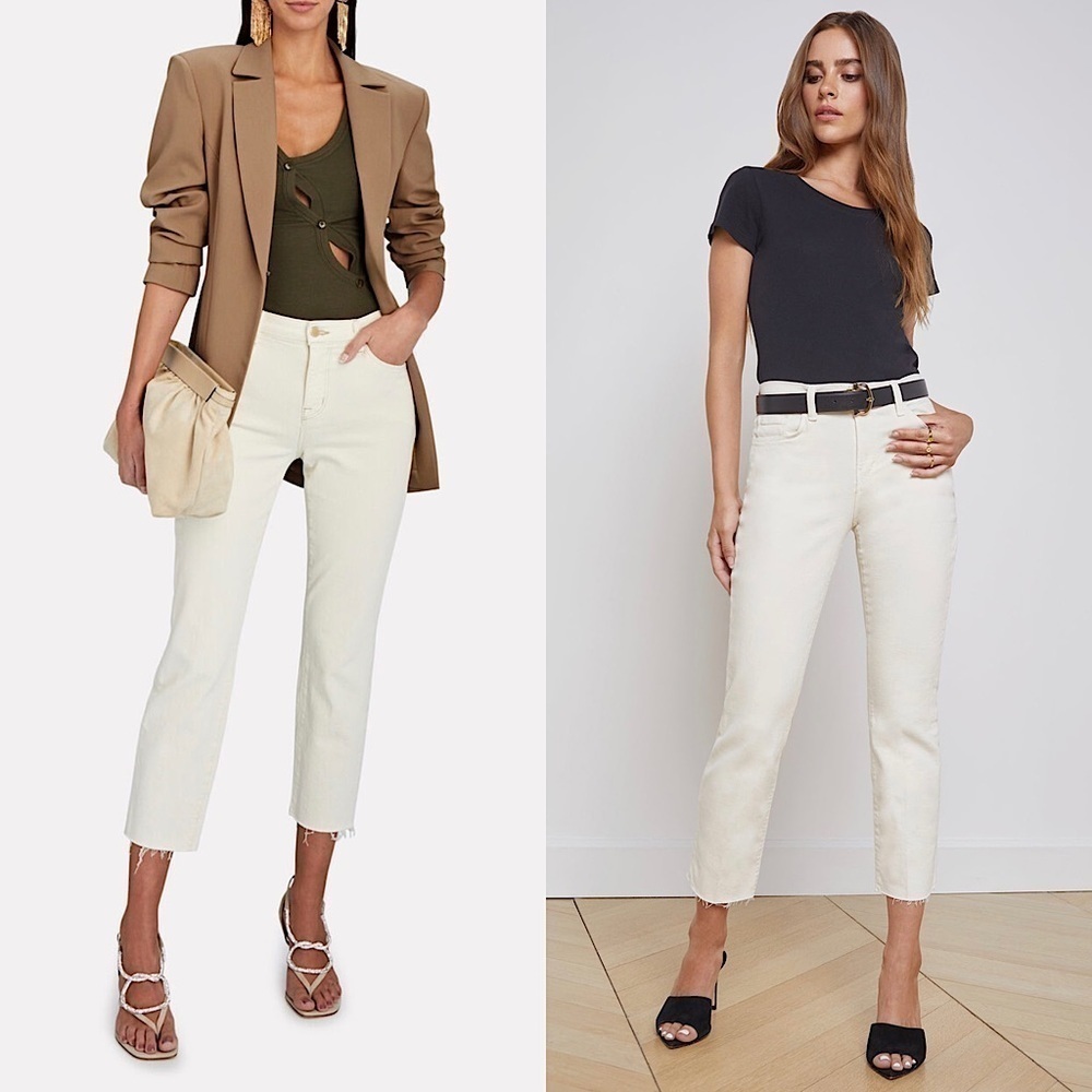 NWT L’AGENCE High Rise Beige Denim Slim Straight Ankle Crop Raw Fray Hem Jean 25